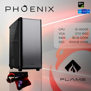 Računalo Phoenix FLAME Y-600 Intel i3 14100F/16GB DDR4/NVME SSD 500GB/500W 80+/GTX 1650/SET Miš/Tipkovnica/Podloga/Slušalice