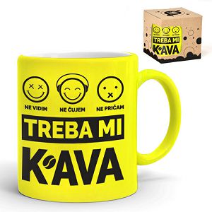 Šalica keramička Treba mi kava,neon žuta,u poklon kutiji 097465