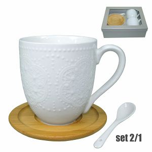 ŠALICE SET porculanske 2/1 300ml,s drvenim tanjurićima 103708